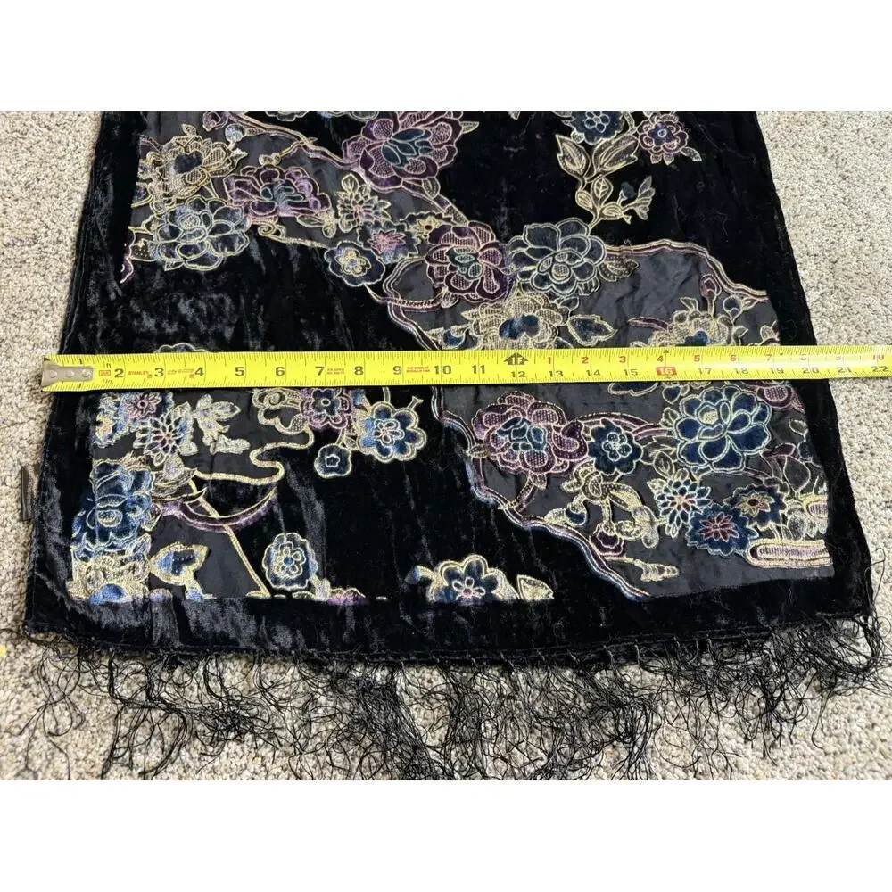 Velvet Burnout Black Purple Scarf Floral Hippie Unique Fringe Accent 62x20in
